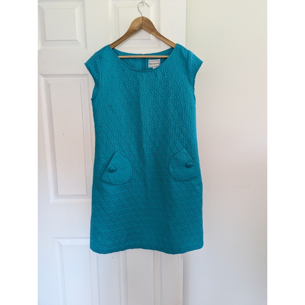 VTG Karin Stevens Cap Sleeve Quilted Housecoat Shift‎ Dress Size 10 Teal Classic